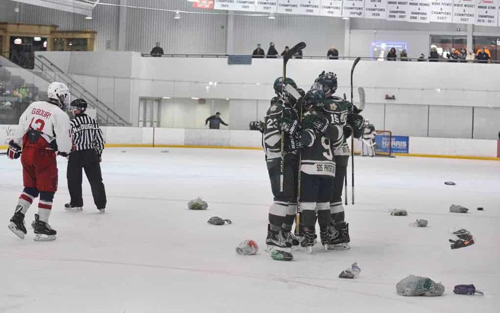 
                     The Kings celebrate Jeremey Goodwin’s goal Sunday afternoon that signalled the tossing of hats and mitts onto the ice.
                     