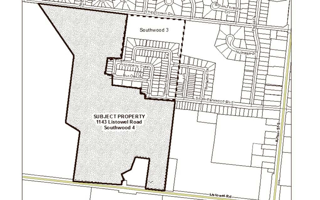 
                     A map shows the area slated for development, an area in the southwest of Elmira between Whippoorwill Drive and Listowel Road.
                     