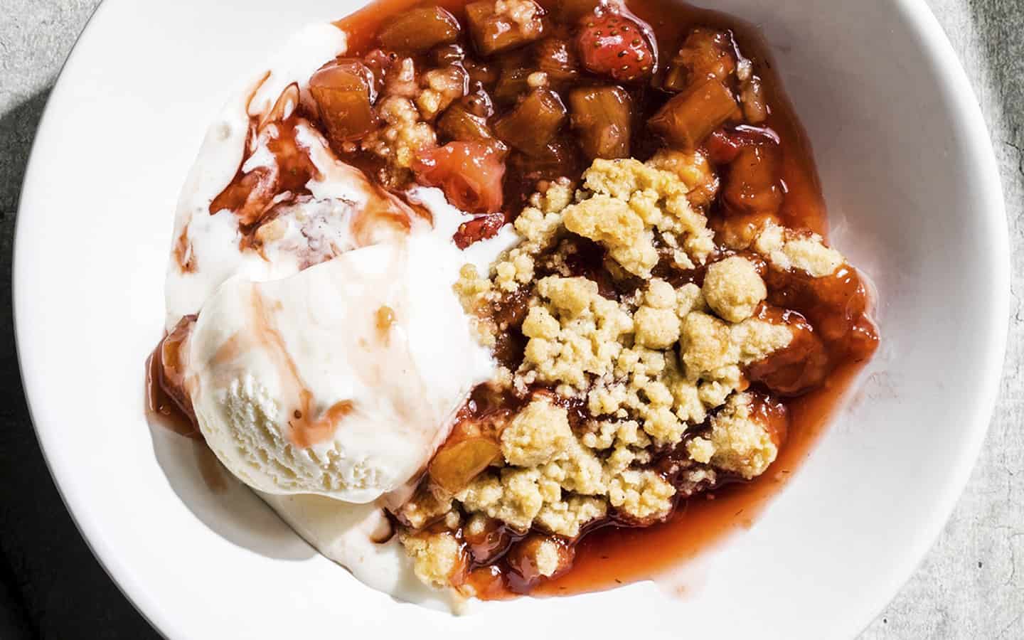 A simple, crispy-topped strawberry-rhubarb crisp that you can make any time of year